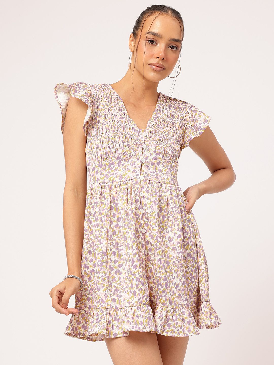 DressBerry Minimalist Muse Smocked Flutter Sleeves Printed Mini A-Line Dress