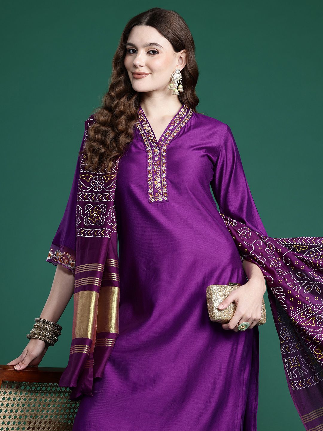 Indo Era Floral Thread Work Liva Kurta with Trousers & With Dupatta