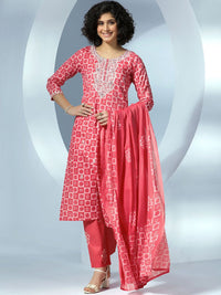 Libas Women Printed Regular Thread Work Pure Cotton Kurta with Trousers & With Dupatta