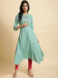 W Sea Green & Red Ethnic Printed Keyhole Neck Thread Work Asymmetric A-Line Kurta