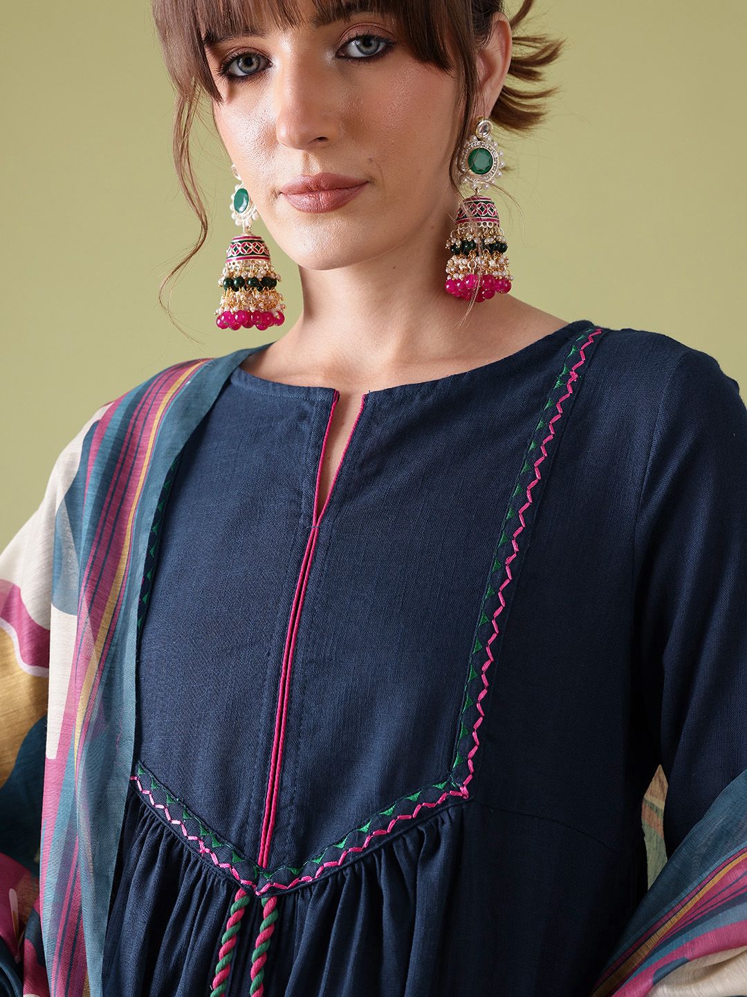 Anouk Pleated Pure Cotton Kurta with Trousers & Dupatta