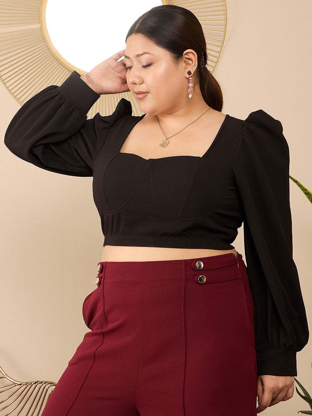Berrylush Curve Sweetheart Neck Bishop Sleeves Plus Size Crop Top