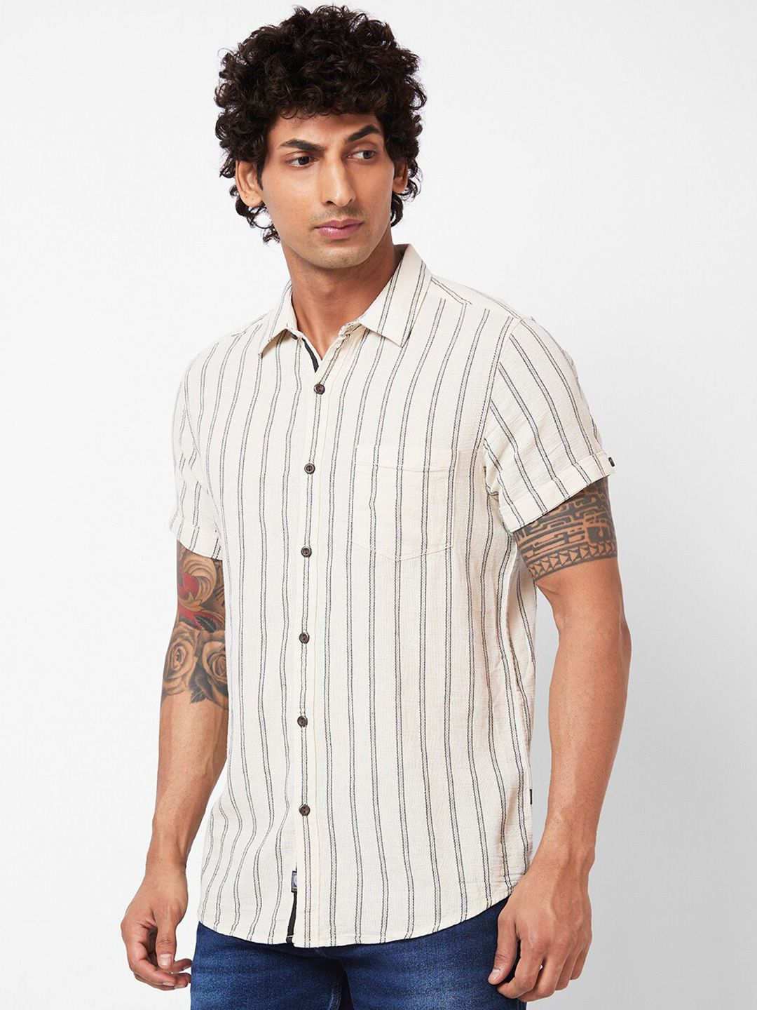 SPYKAR Slim Fit Striped Spread Collar Short Sleeves Casual Shirt