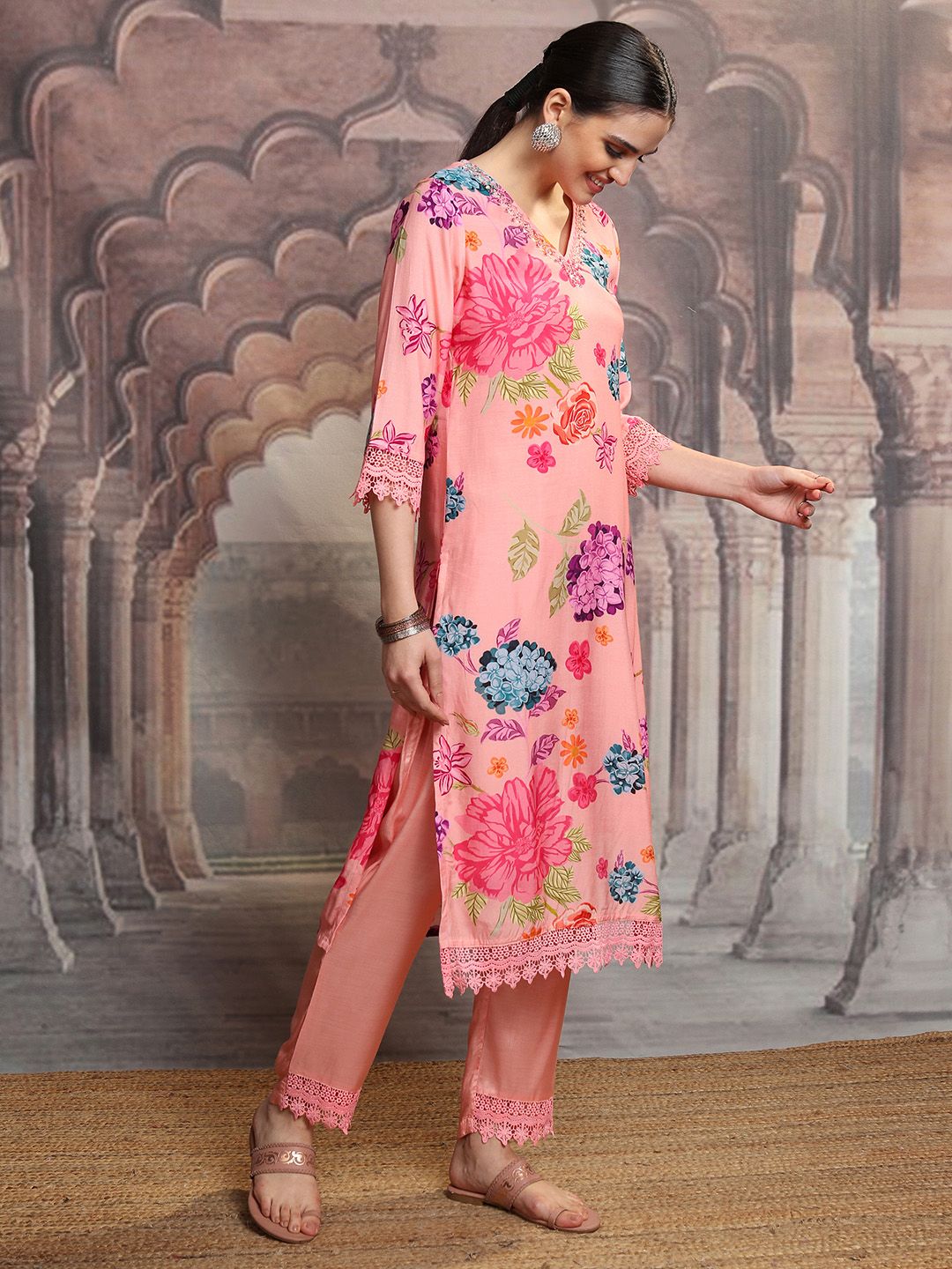 Vishudh Floral Printed Regular Beads and Stones Kurta with Trouser & Dupatta
