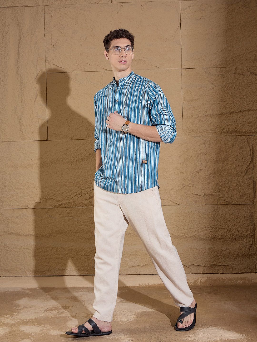 Dennison Striped Band Collar Cotton Pure Lurus Kurta Pendek