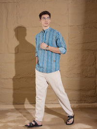 Dennison Striped Band Collar Cotton Pure Lurus Kurta Pendek