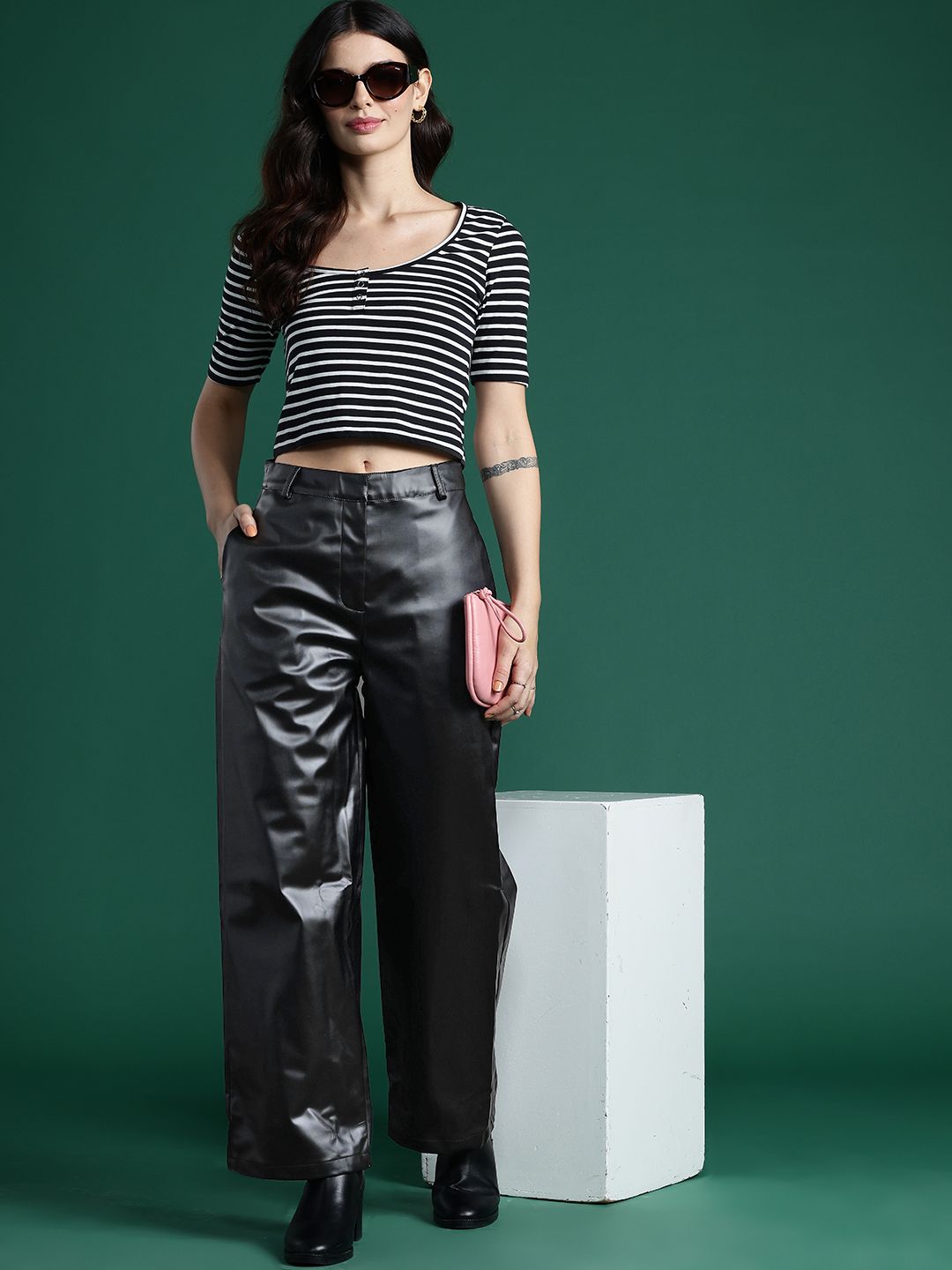 DressBerry Women  Regular-Fit Faux Leather Wide Leg Trousers