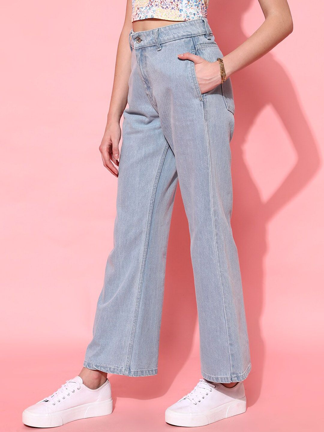 STREET 9 Women Blue Hottie Wide Leg High-Rise Low Distress Jeans