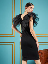 SASSAFRAS Black V-Neck Flutter Sleeve Ruffles Detail Sheath Dress
