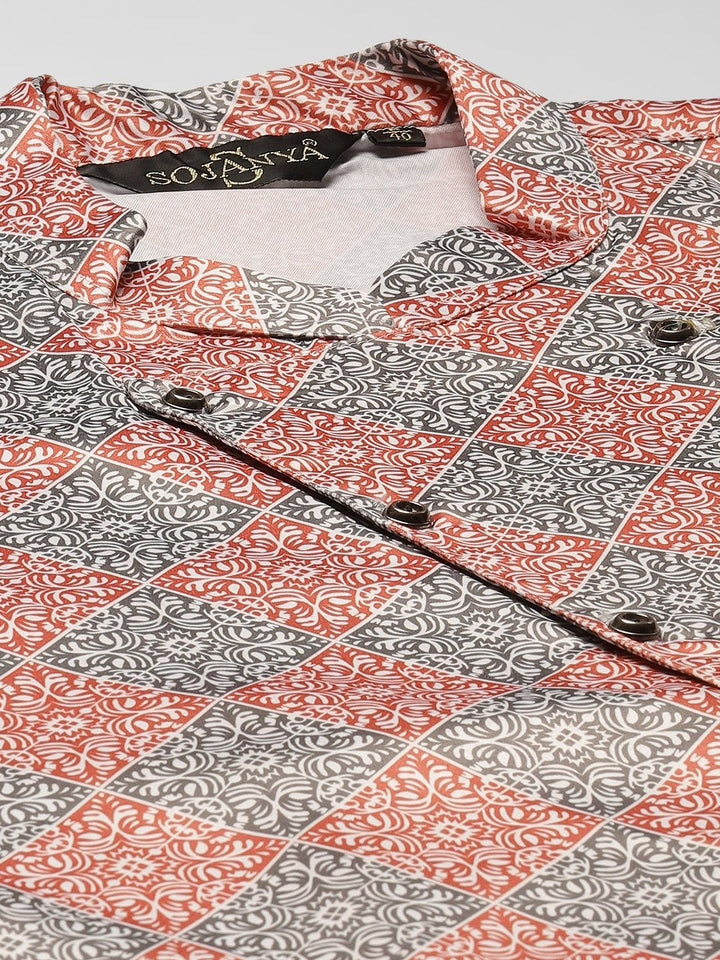 SOJANYA Men Off White & Red Ethnic Motifs Print Kurta & Churidar with Tailored Jacket