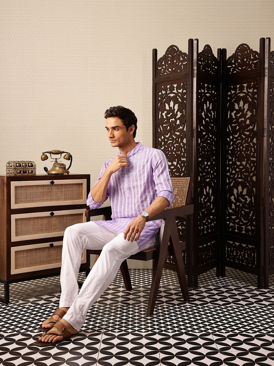 House of Pataudi Striped Mandarin Collar Thread Work Jashn Kurta