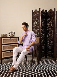 House of Pataudi Striped Mandarin Collar Thread Work Jashn Kurta