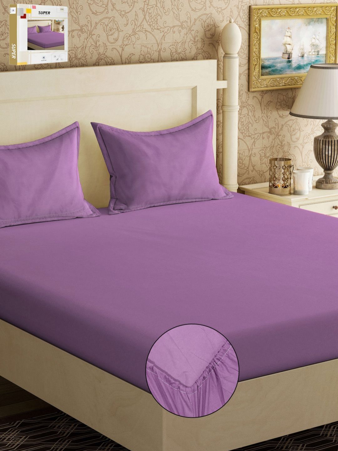 KLOTTHE Purple Solid Cotton 300 TC Dilengkapi Cadar King dengan 2 Sarung Bantal-250 x 225 cm