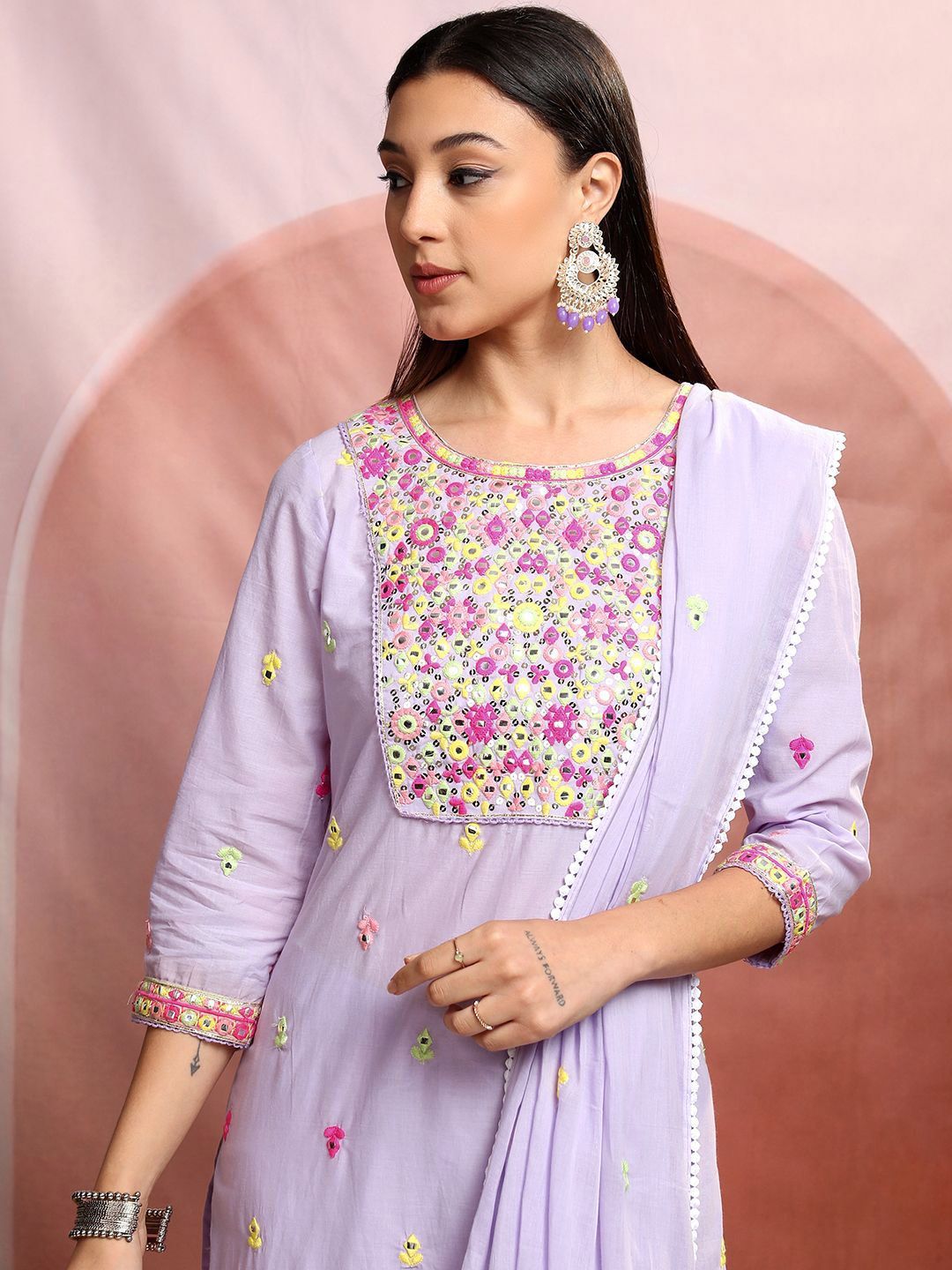 Vishudh Lavender Round Neck Embroidered Regular Thread Work Pure Cotton Straight Kurta Set