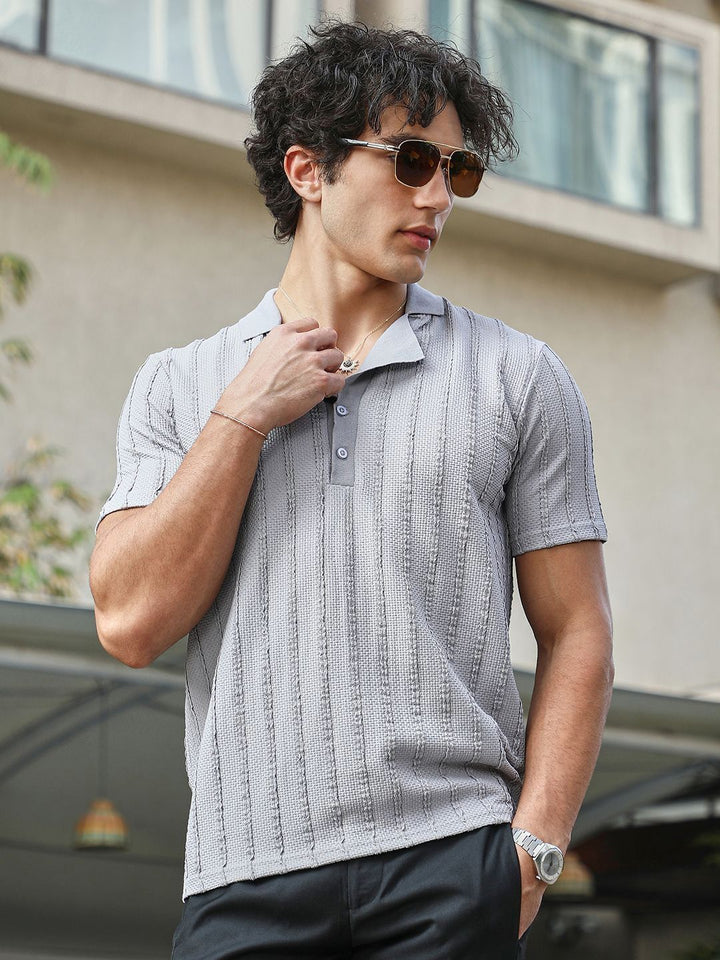 Campus Sutra Men Self Design Polo Collar Cotton T-shirt