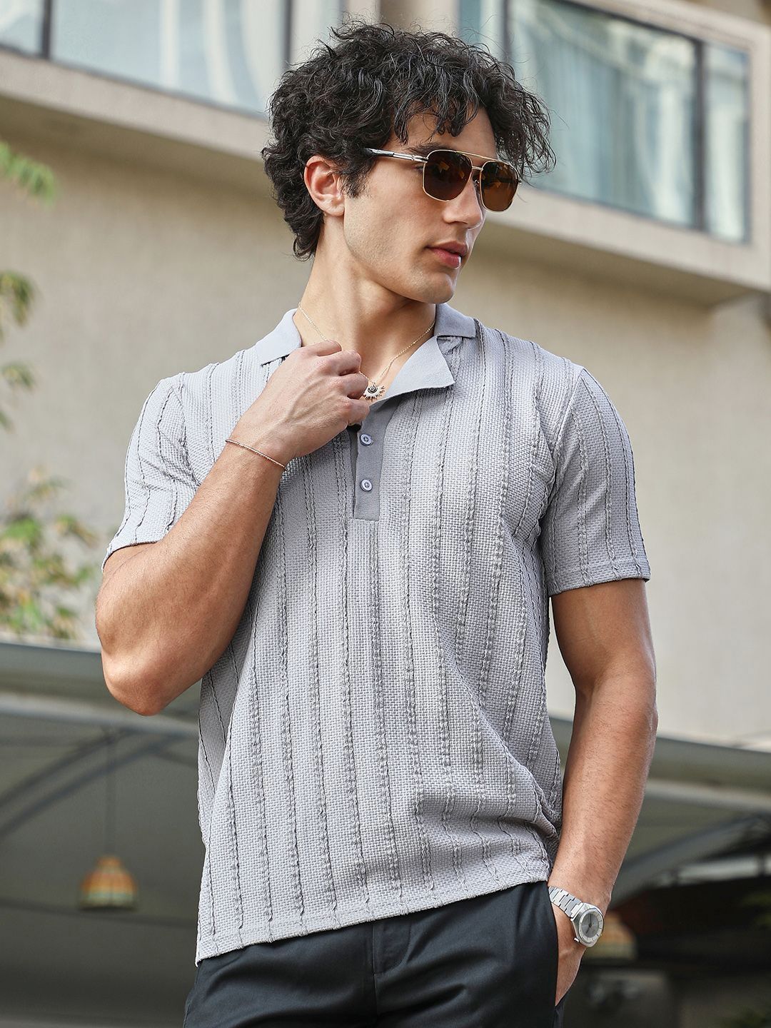 Campus Sutra Men Self Design Polo Collar Cotton T-shirt