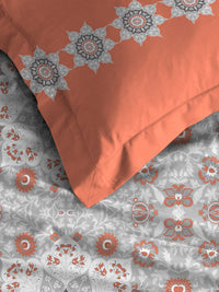 MYTRIDENT Grey  White Floral Pure Cotton 144 TC Queen Bedsheet With 2 Pillow Covers
