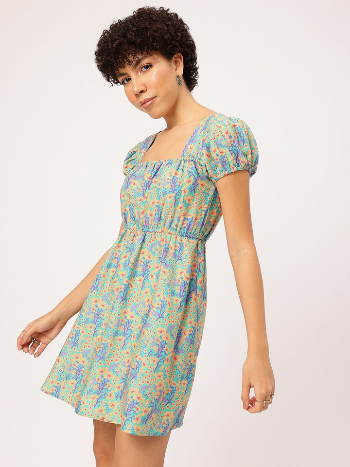 DressBerry Floral Frenzy Square Neck Puff Sleeves Fit & Flare Dress