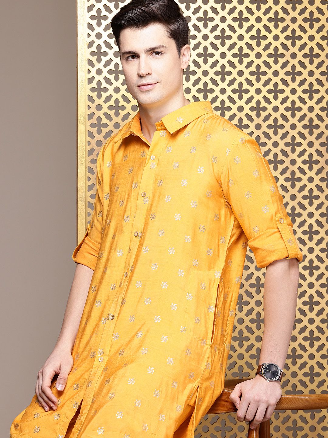 House of Pataudi Men Woven Design Regular Pure Cotton Jashn Kurta with Trousers