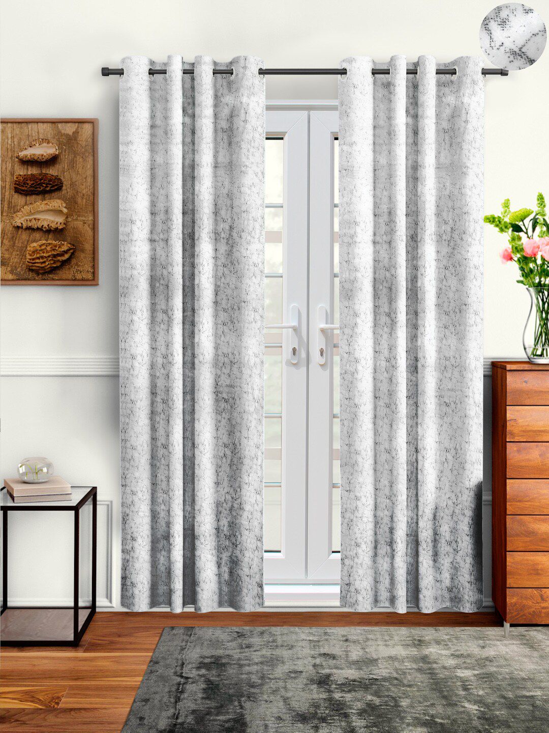 Cortina White & Grey Set of 2 Room Darkening Velvet Long Door Curtain