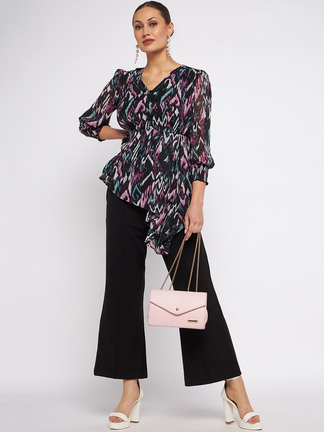 Antheaa Printed V-Neck Collar Top With Flared Trouser Co-Ords Set