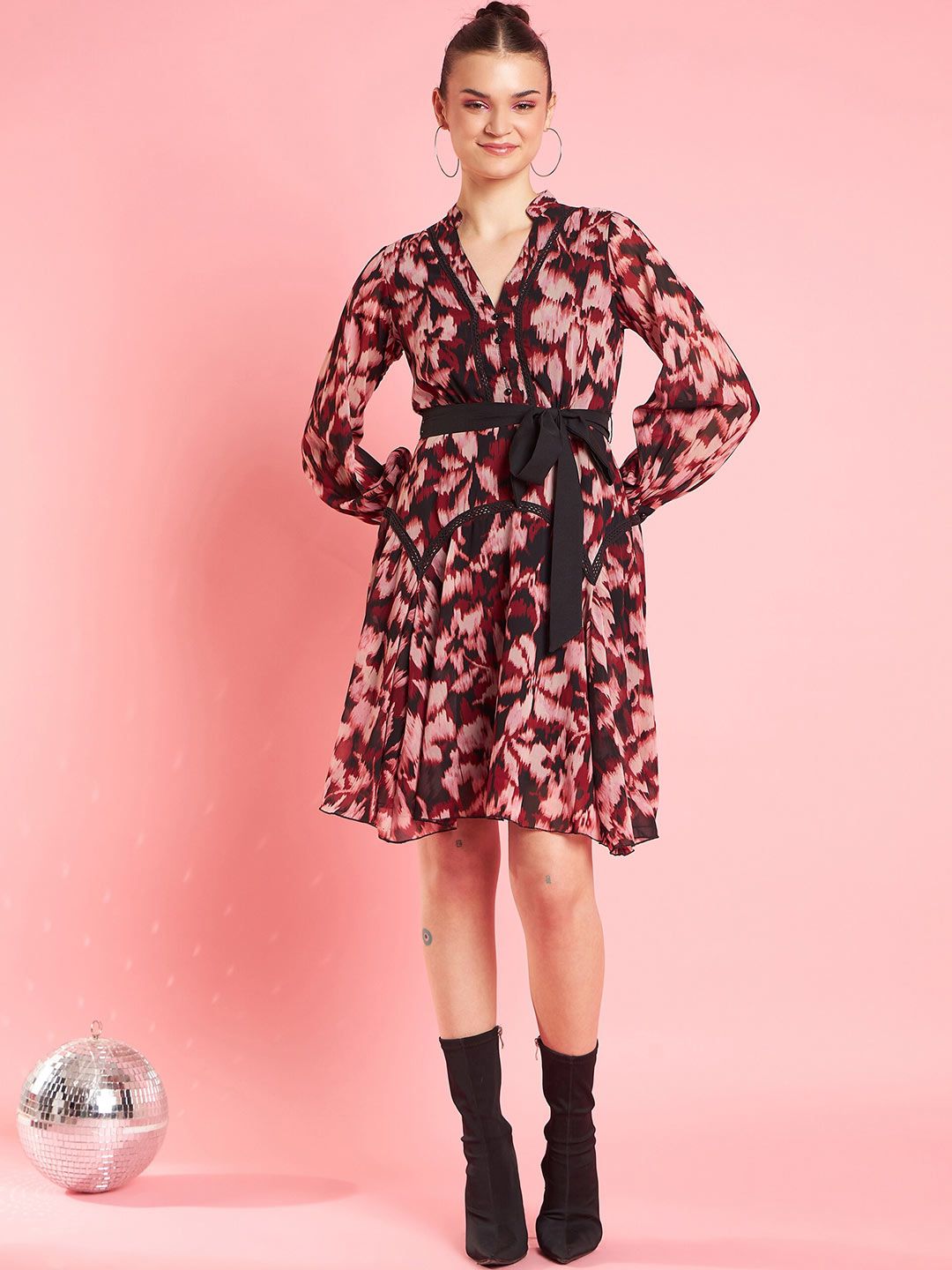 Antheaa Rust Animal Printed Flared Sleeve A-Line Opaque Party Dress