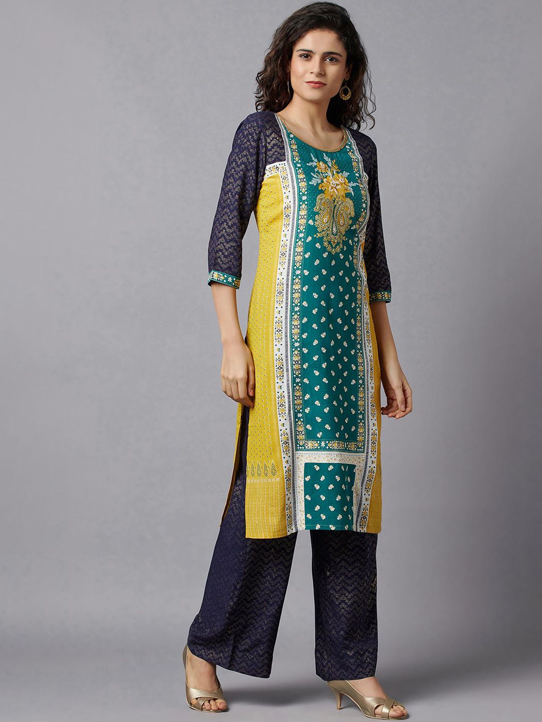 AURELIA Women Green & Yellow Ethnic Motifs Printed Thread Work Kurta