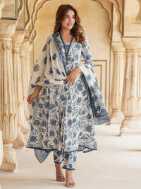 KALINI Floral Printed Regular Pure Cotton Kurta & Trousers With Dupatta