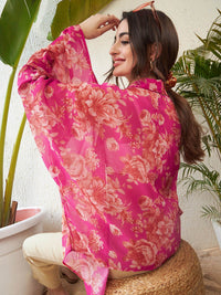 SASSAFRAS Pink Floral Printed Front Open Kimono Shrug