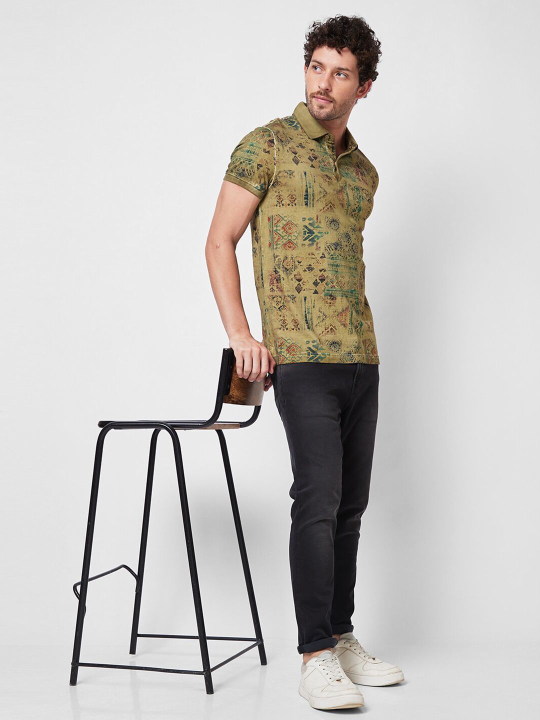 SPYKAR Abstract Printed Polo Collar Cotton Slim Fit T-shirt