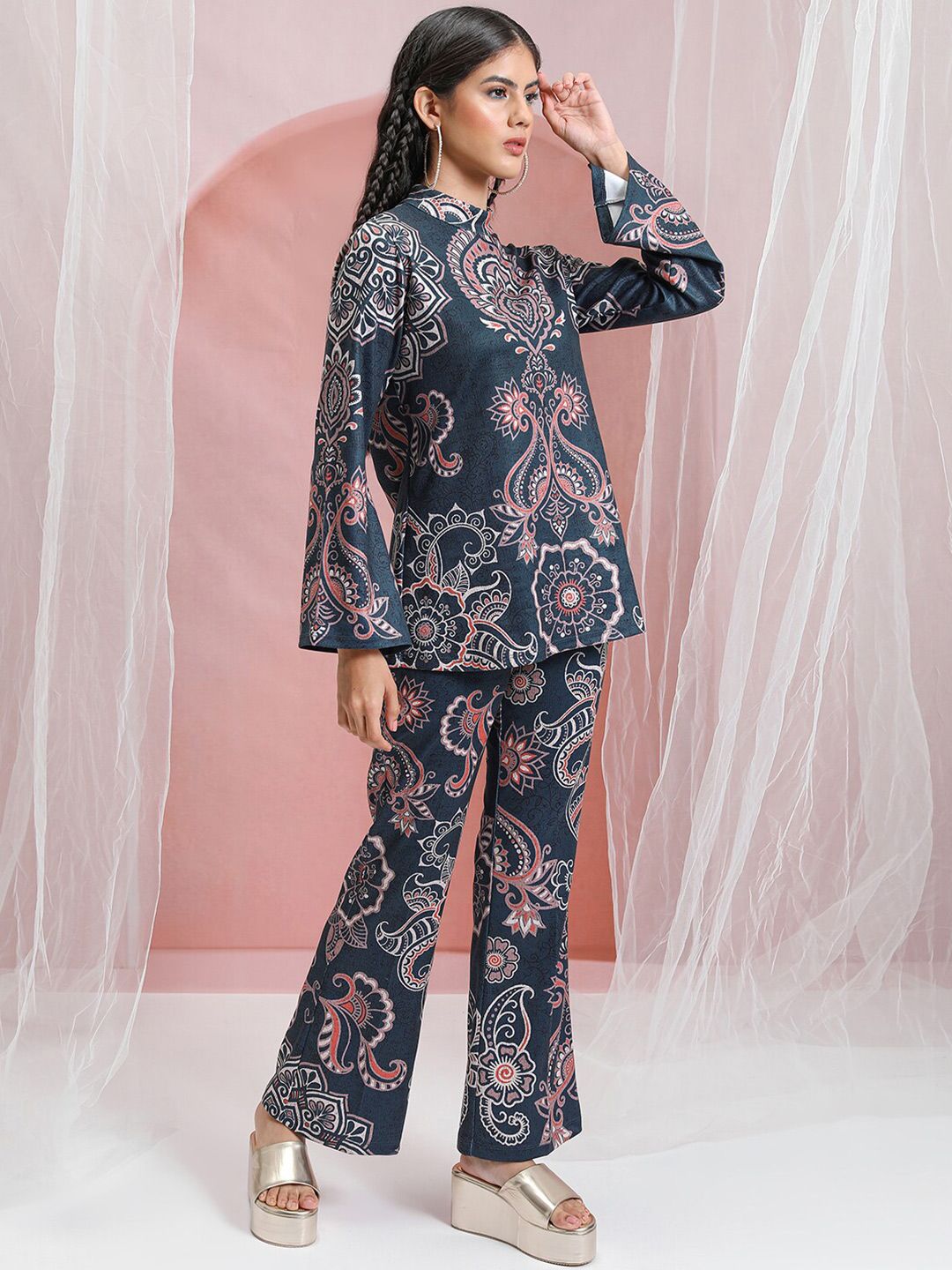 Vishudh Blue Printed High Neck Tunic With Flared Trouser