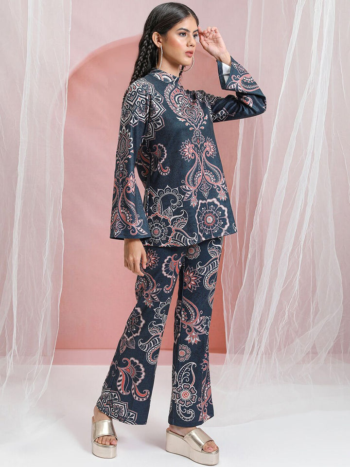 Vishudh Blue Printed High Neck Tunic With Flared Trouser