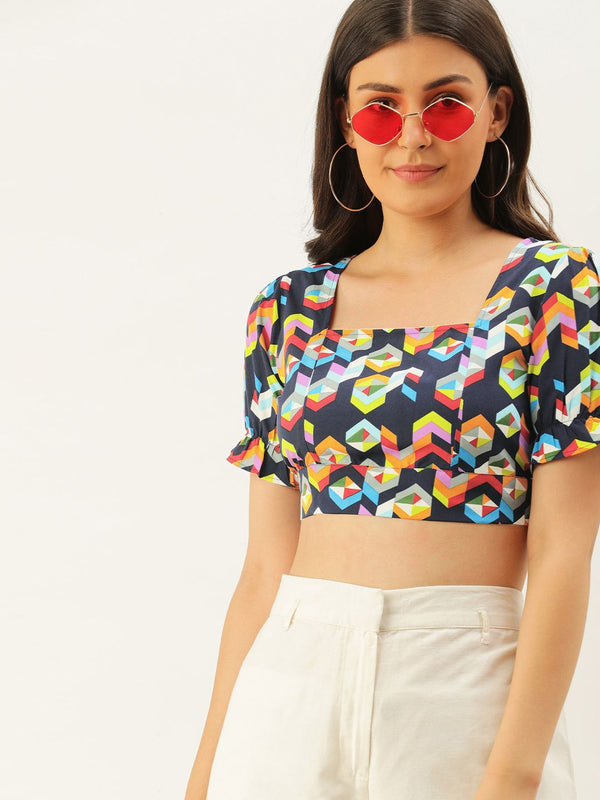 Berrylush Multicoloured Geometric Printed Puff Sleeves Styled Back Crop Top