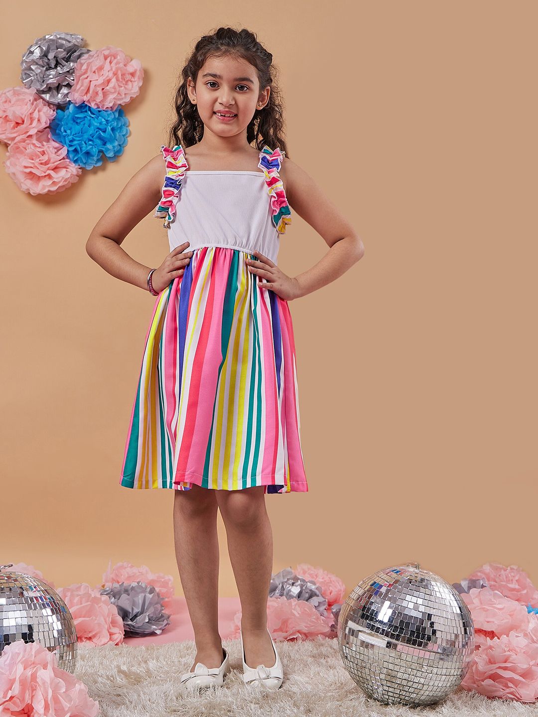 pspeaches Girls Striped Shoulder Straps Fit & Flare Dress