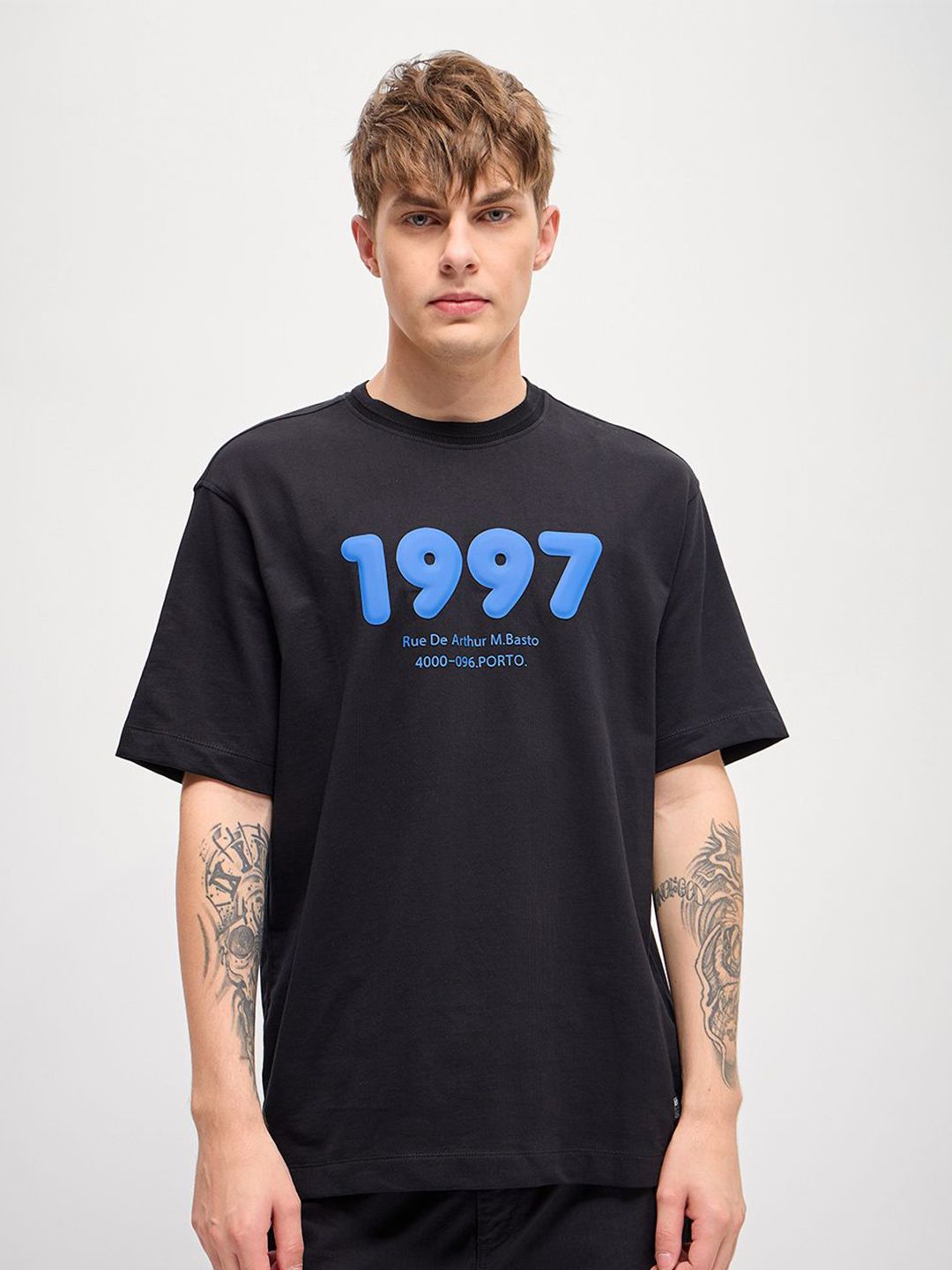 THE BEAR HOUSE Men Typography Printed Round Neck Pure Cotton Oversized T-Shirt