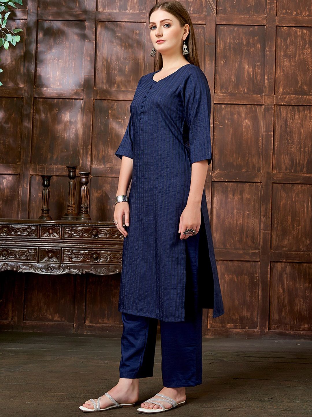 KALINI Women Striped Printed Notch Neck Straight Kurta With Trouser