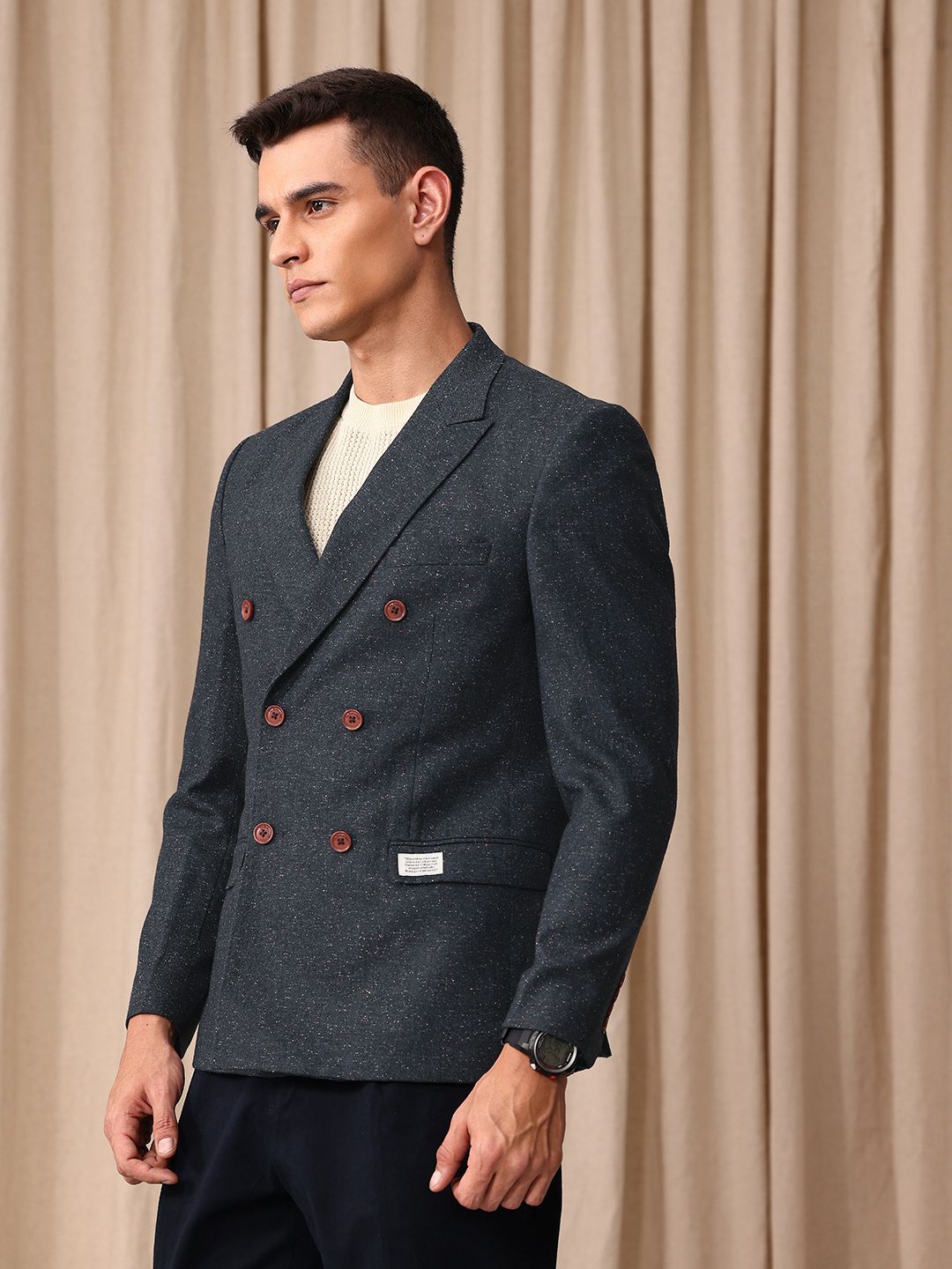 Mr Bowerbird Self Design Tailored Fit Double Breasted Casual Blazer