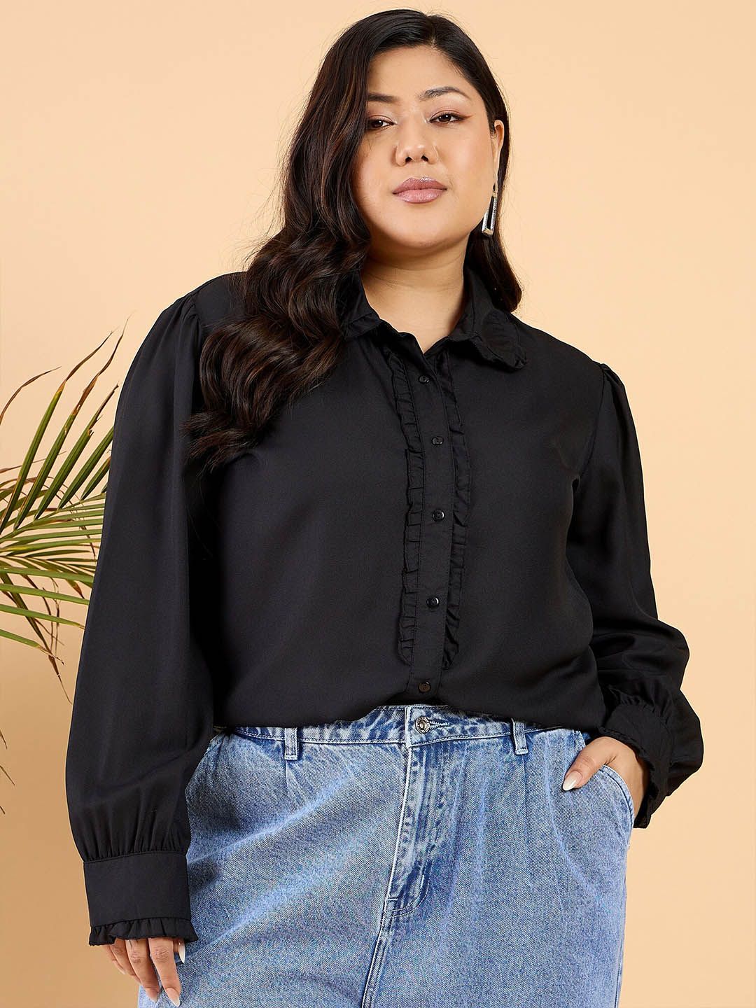 CURVY STREET Plus Size Comfort Opaque Frilled Casual Shirt