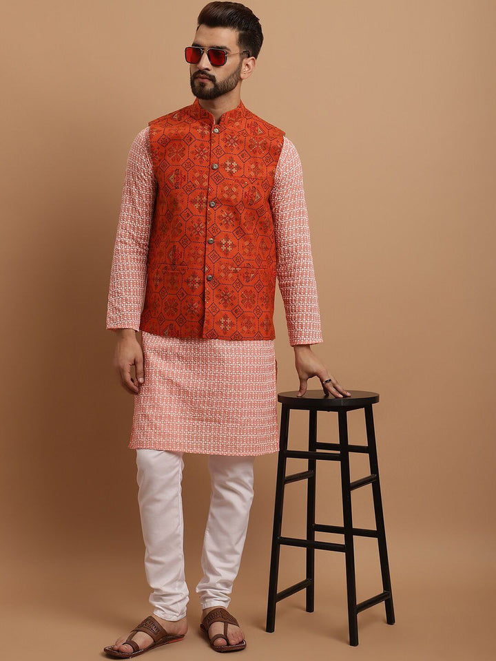 SOJANYA Ethnic Motifs Embroidered Pure Cotton Kurta With Churidar & Nehru Jacket
