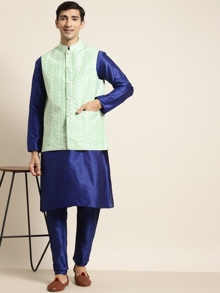 SOJANYA Kurta Lelaki Biru & Hijau Laut dengan Piyama & Jaket Nehru Bersulam