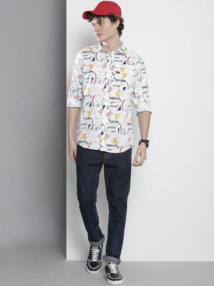 The Indian Garage Co Men White Printed Cotton Casual Shirt
