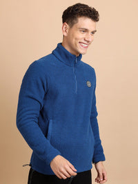 HIGHLANDER Blue Self Design Mock Collar Half Zipper Sweatshirt