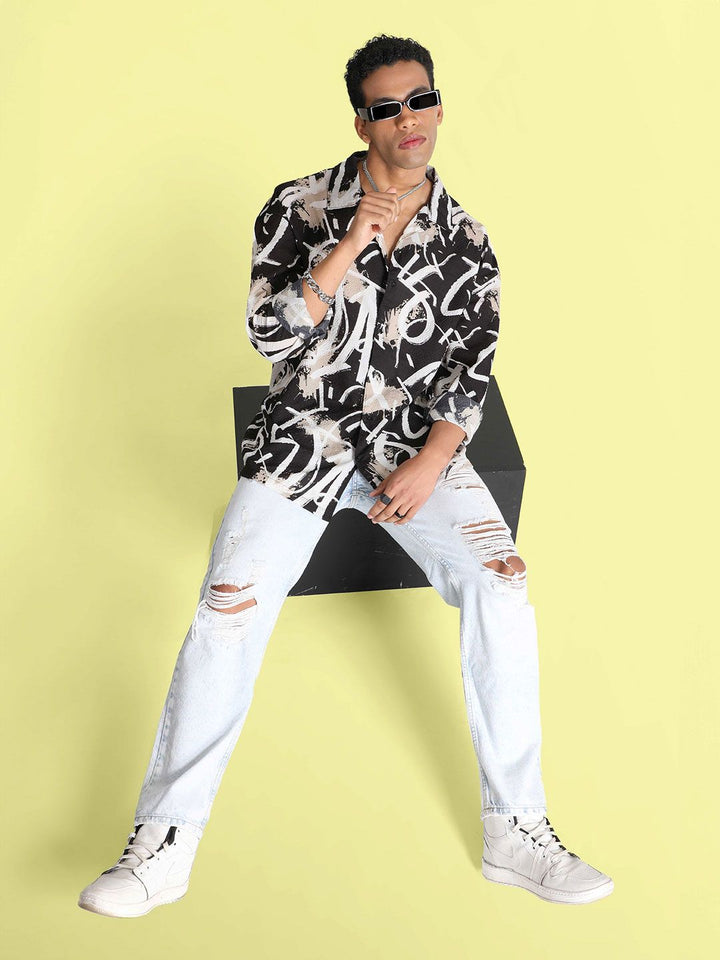 Bene Kleed Men Classic Cuban Collar Abstract Printed Oversized Casual Shirt