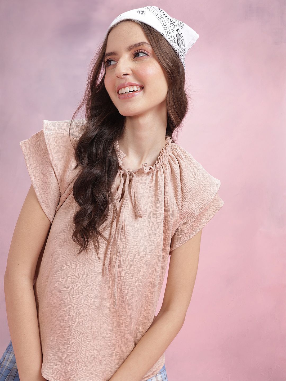 DressBerry Tie-Up Neck Crinkle Ruffled Top