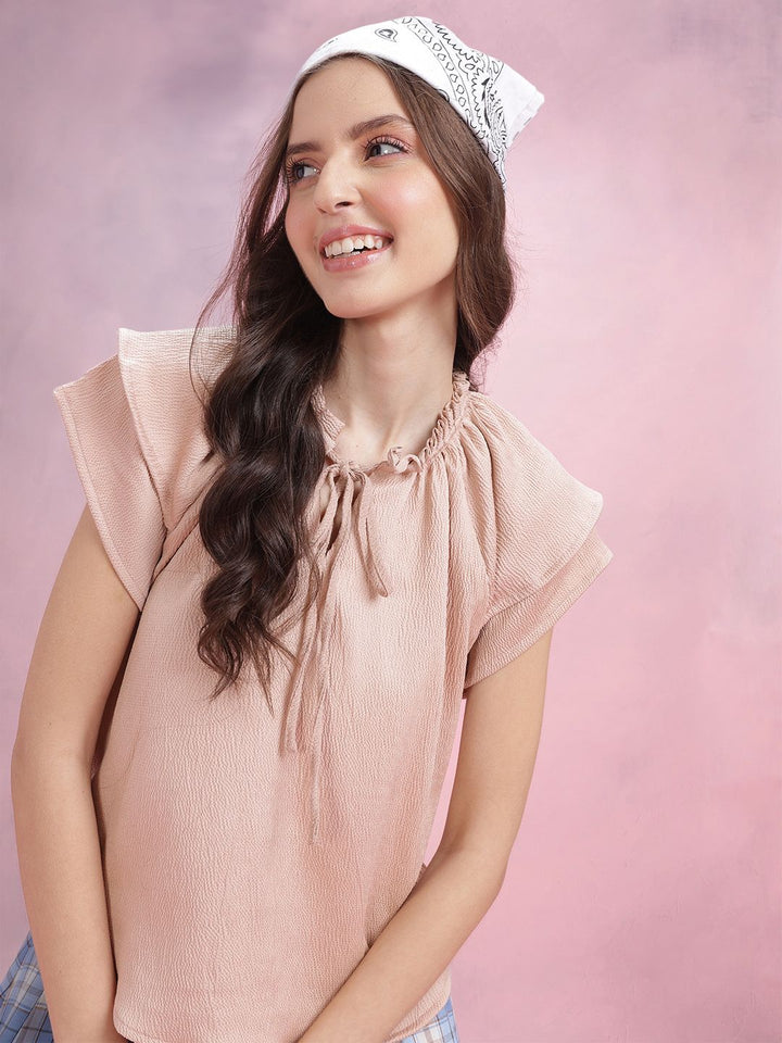 DressBerry Tie-Up Neck Crinkle Ruffled Top
