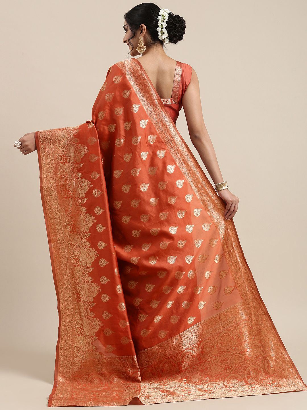 Saree mall Orange Ethnic Motifs Silk Blend Banarasi Saree
