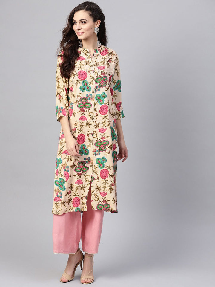 SOJANYA Women Beige & Green Printed Straight Kurta