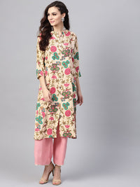 SOJANYA Women Beige & Green Printed Straight Kurta