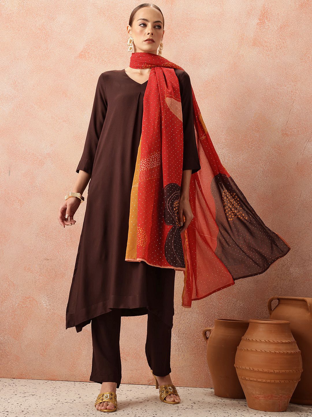 all about you Women Pleated Kurta with Trousers & Mukaish Dupatta