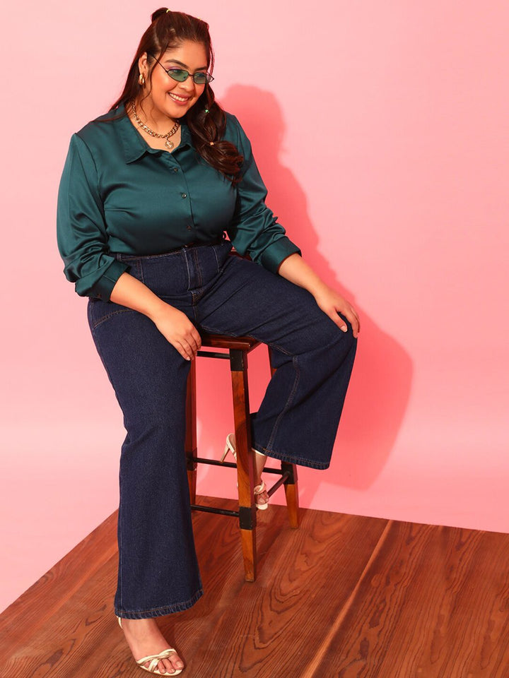 CURVY STREET Women Plus Size Blue Wide Leg Pure Cotton Jeans